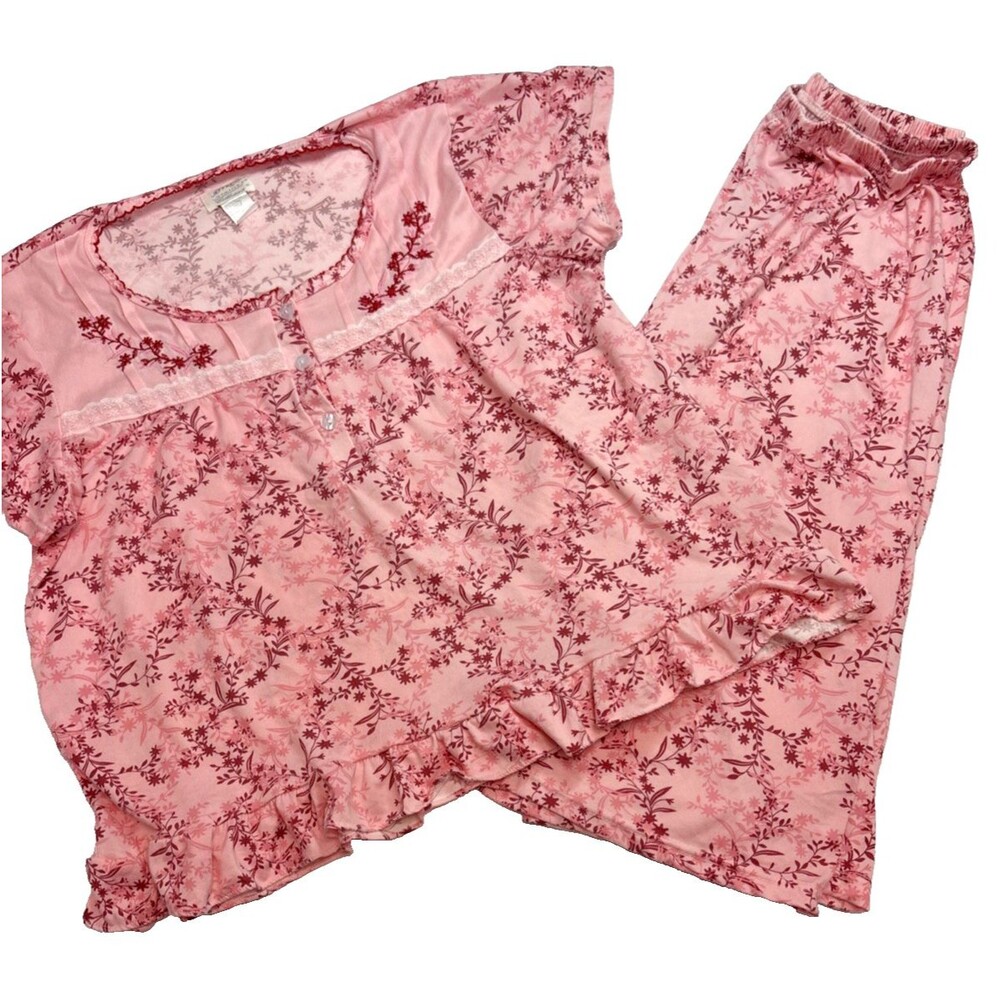 JEFFRICO Floral Short Sleeves Top & Capri Pants Sleepwear 2Pcs Pink Size XL